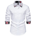 Men's blue plaid contrast casual shirt with triangle collar and long sleeves on a hanger.
