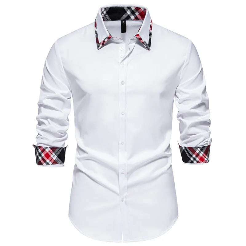 Men's blue plaid contrast casual shirt with triangle collar and long sleeves on a hanger.