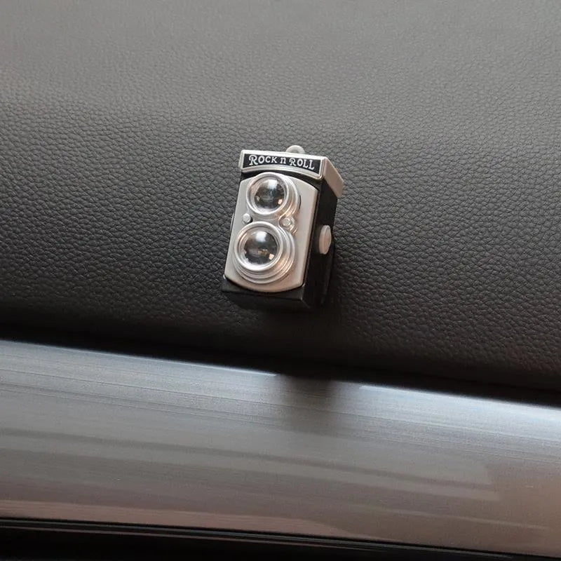 Set of four retro camera dot adhesive hooks for car interior organisation in Canon, SLR, vintage and digital camera designs