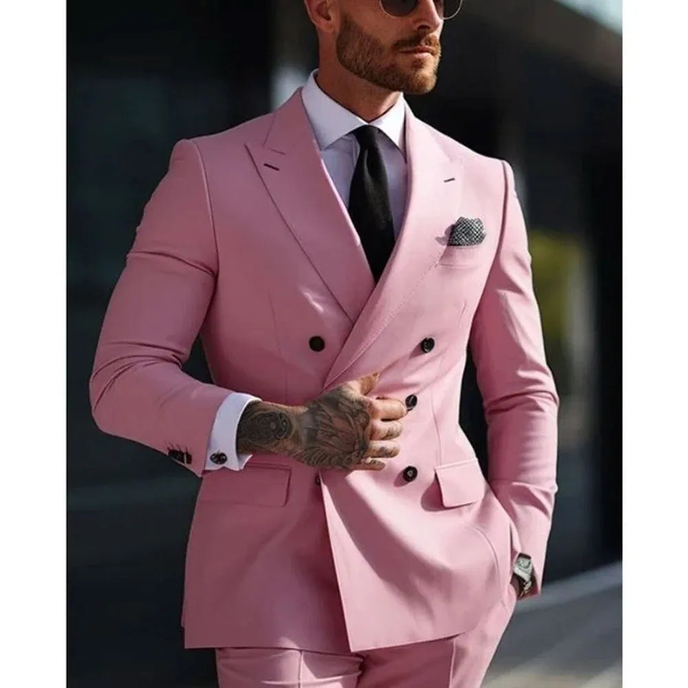 Men's grey Korean style slim fit two-piece business suit on a hanger.
