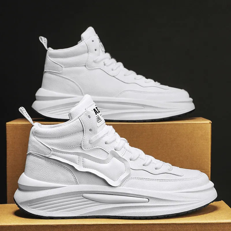 Men's black high-top platform shoes with round toe and PU upper material
