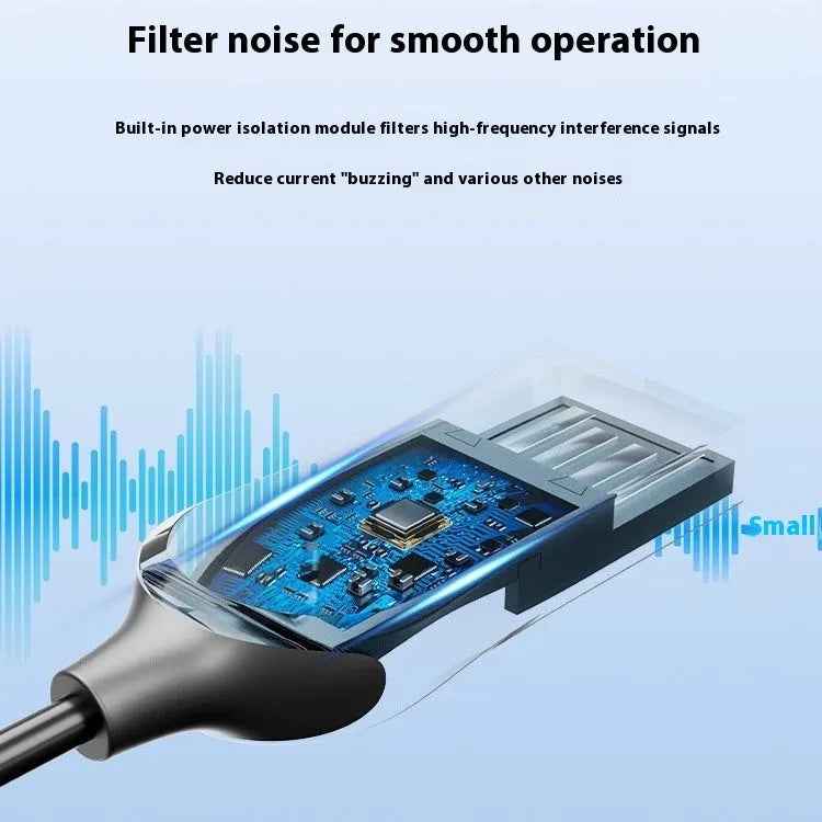USB car Bluetooth audio receiver with zinc alloy plug and copper 3.5mm jack on a lightweight PU-sleeved cable.