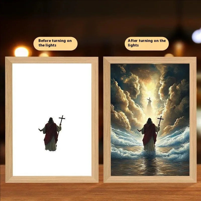 Modern rectangular LED photo frame displaying changeable sea scene artwork with built-in illumination