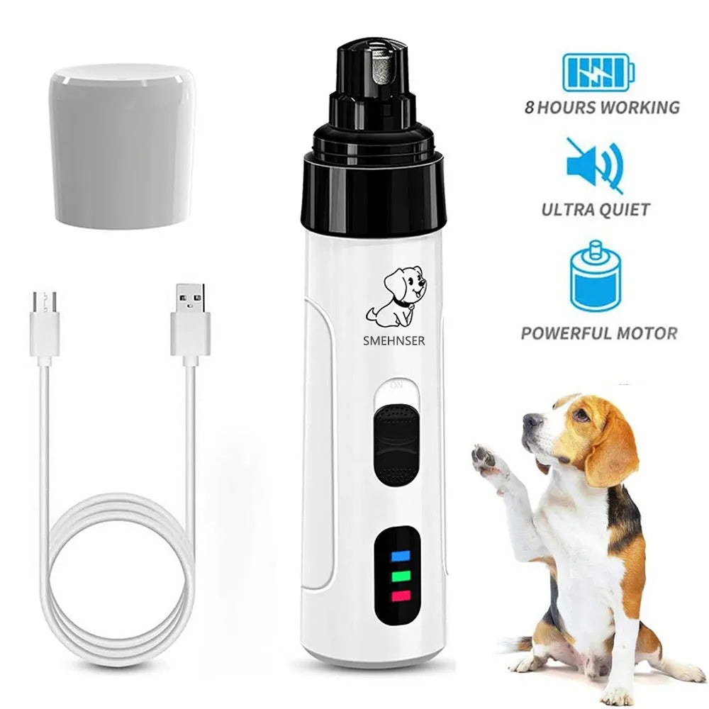 White electric dog nail trimmer with LED display showing speed settings and dust collection compartment