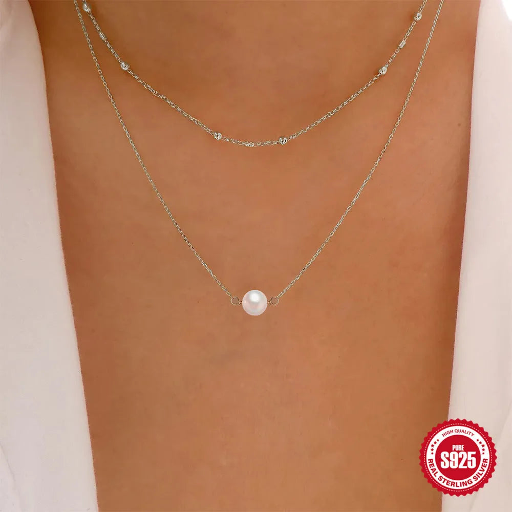 S925 sterling silver double layer necklace with geometric pearl pendant on ball bead chain