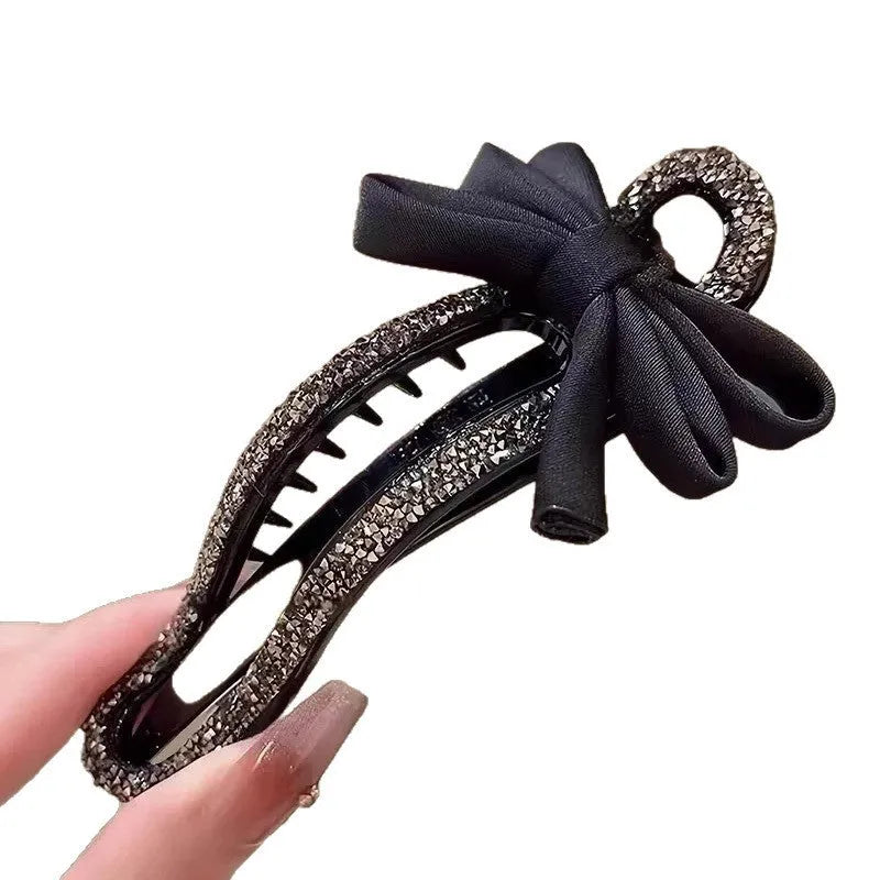 Black acrylic hair claw clip with crystal bow bobby pin back design 11.5cm total length for women