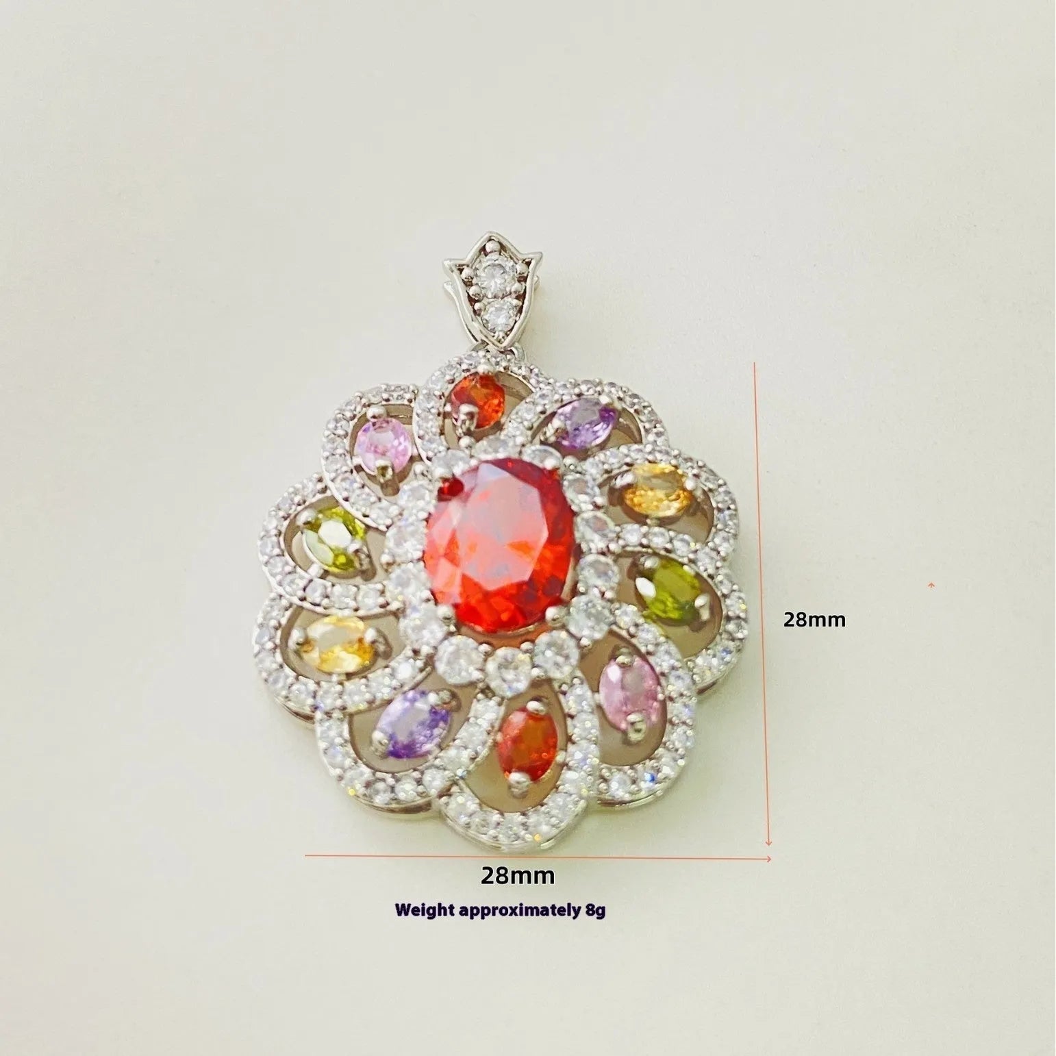 Close-up of a women's flower-shaped zircon pendant necklace in a gold electroplated finish on a model.