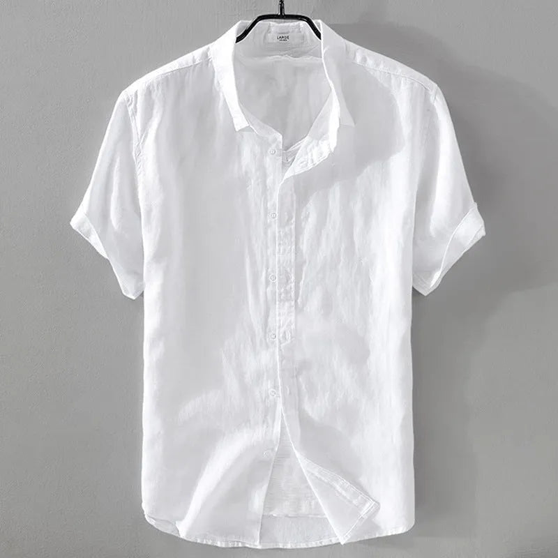 Men's light blue linen blend short sleeve shirt with loose fit on hanger
