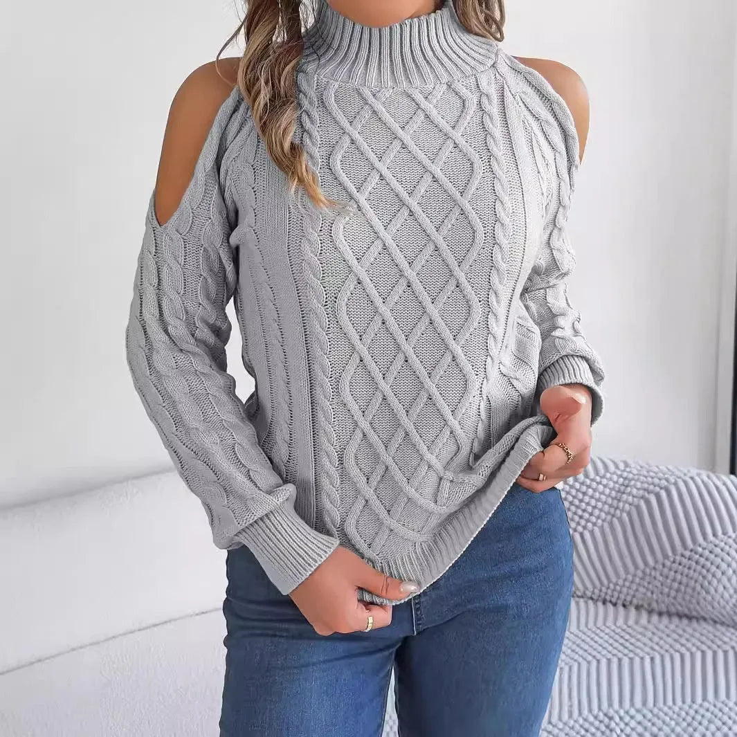 Women's twisted knit sweater with strapless half-high collar and long lantern sleeves in acrylic