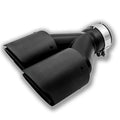 Black carbon fibre car exhaust silencer pipe with dual outlets, one nozzle open and one closed, showing 250mm length.