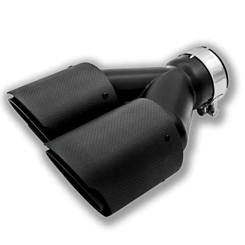Black carbon fibre car exhaust silencer pipe with dual outlets, one nozzle open and one closed, showing 250mm length.