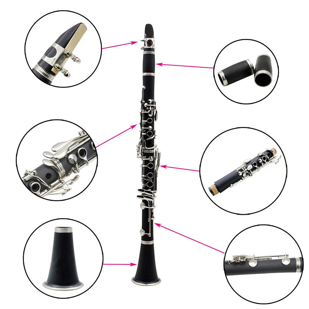 Black bakelite clarinet with nickel-plated keys and included instrument bag