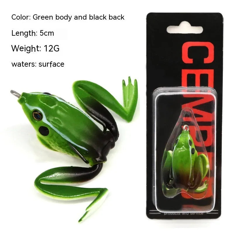 Bionic frog and snake head fishing lure with black thunder frog legs on a double hook