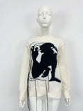 Women's loose grey alpaca wool sweater with abstract pattern tassel design round neck