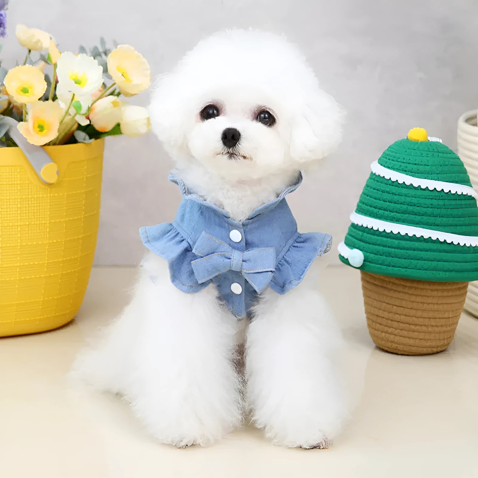 Blue denim dog dress with ruffles and leash hooks on chest and back in dark and light blue colours