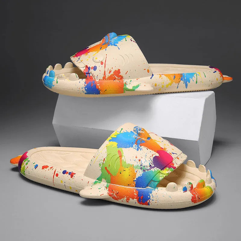 Shark design EVA open toe home slippers for men and women in various colours.