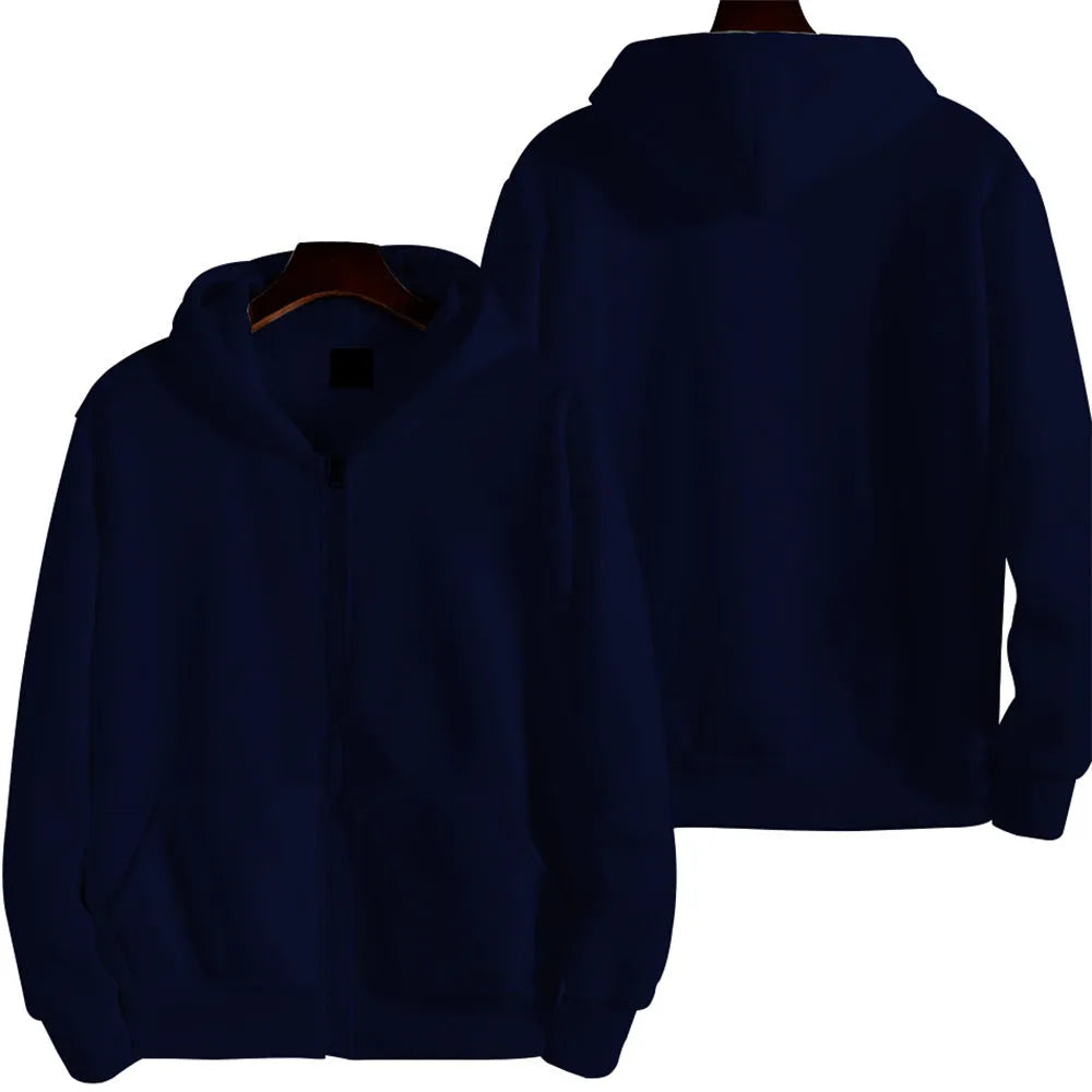 Men's solid colour loose fit zip-front sports jacket on a hanger.