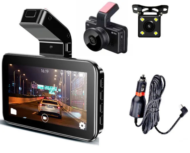 Black car DVR dash cam with a 3-inch screen and a separate camera module for dual lens recording.