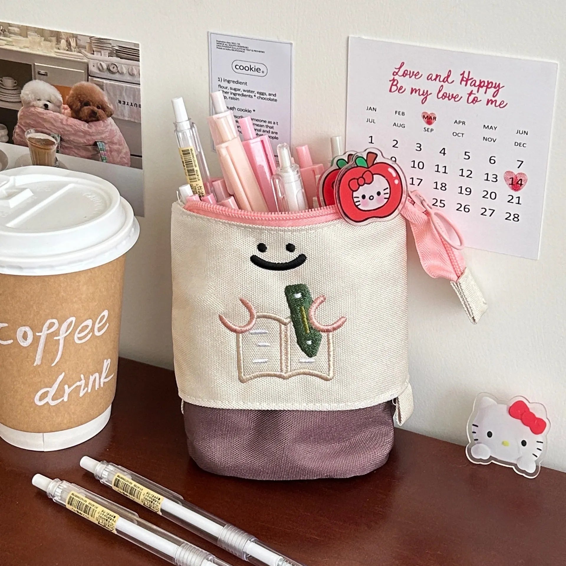 Cartoon Korean style collapsible pencil case in Oxford fabric showing brown and green colour options