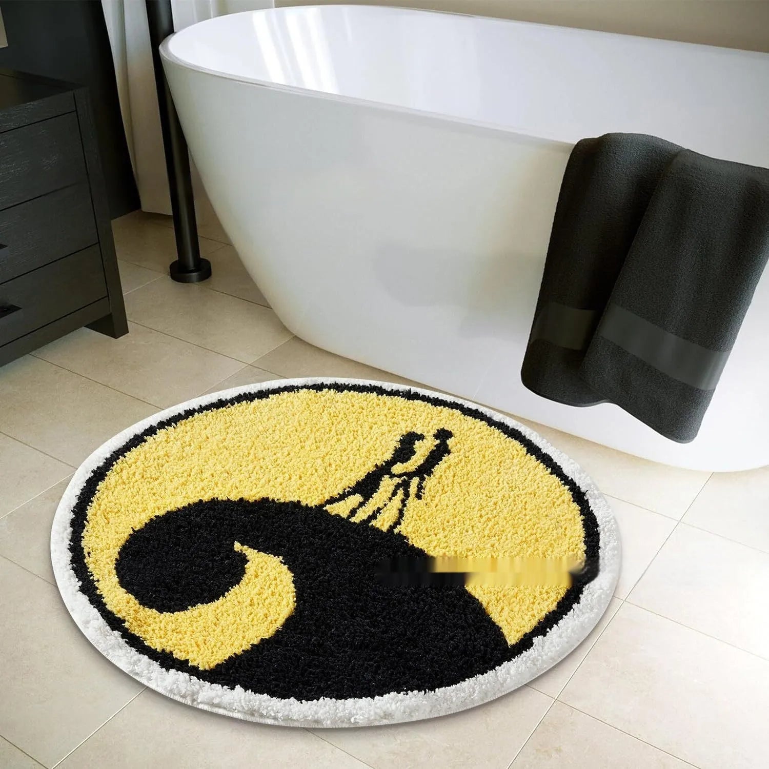 Christmas round pad polyester carpet mat in festive printed design on floor.