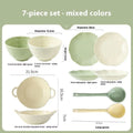 Seven-piece solid colour ceramic dinner plate and bowl set in boxed packaging.