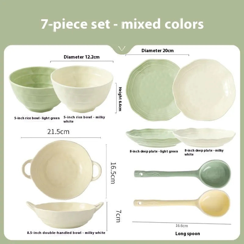 Seven-piece solid colour ceramic dinner plate and bowl set in boxed packaging.