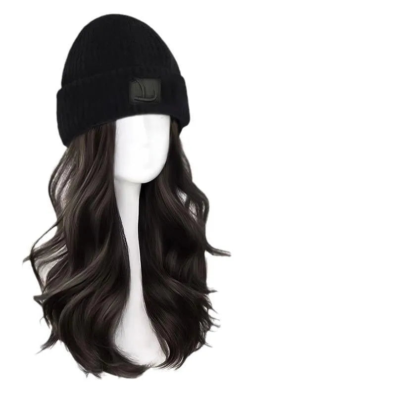 Hat wig women integrated big wave full-head style protein filament medium long hair brown black