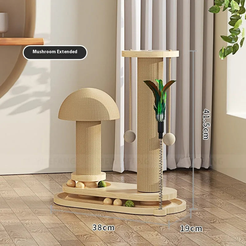Solid wood cat scratching post with a central turntable, shown in a basic large flower style.