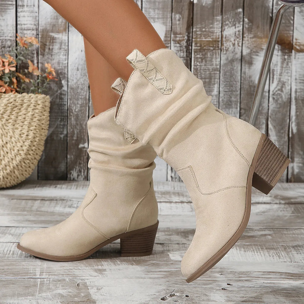 Mid-calf suede boots for women with a stout mid-heel, shown in Lotus Root colour.