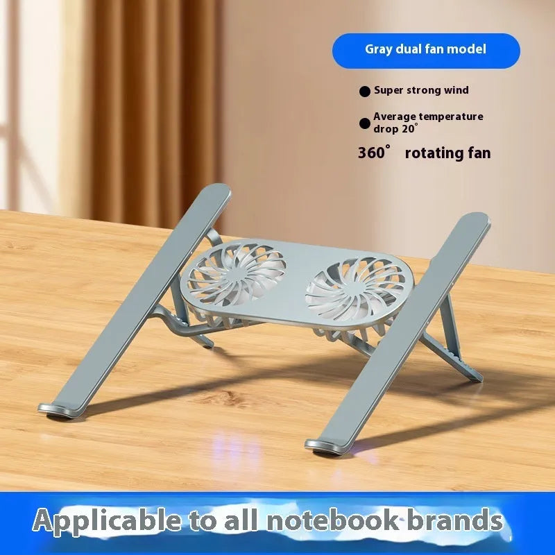 Silver aluminium folding laptop stand with twin cooling fans and adjustable height mechanism