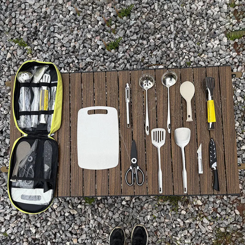 Multi-functional portable picnic kitchenware storage bag containing 12-piece stainless steel utensil set