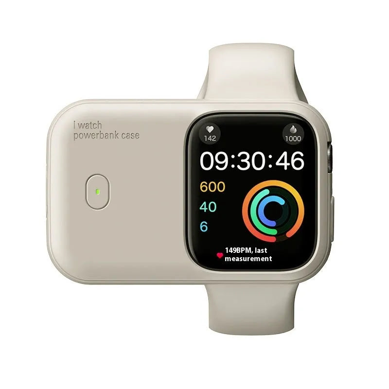 Apple Watch portable wireless charging case with silicone protector in brown, blue, and starlight colours.