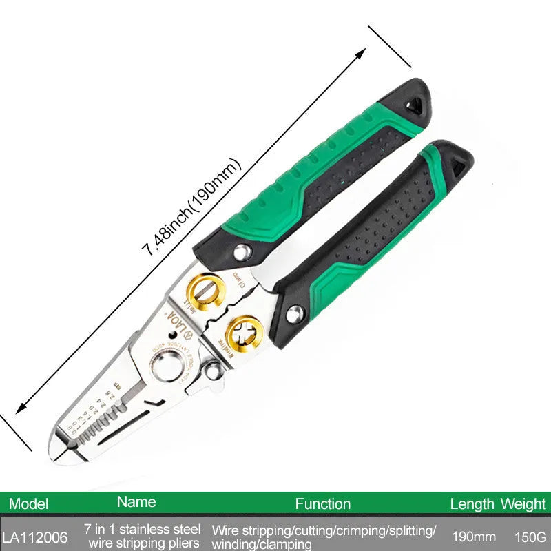 Stainless steel multifunction wire stripper tool with seven stripping ports and two-colour handle.