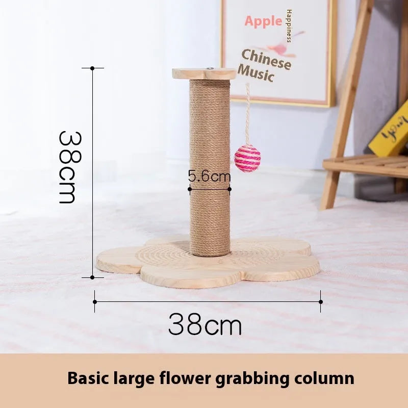 Solid wood cat scratching post with a central turntable, shown in a basic large flower style.