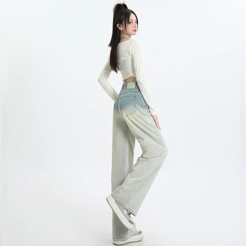 Women's gradient blue straight-leg denim trousers with wide-leg style