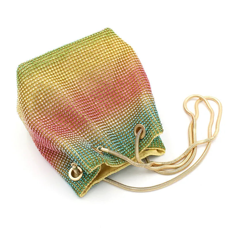 Rainbow rhinestone bucket bag with sparkling crystal surface and soft bucket shape