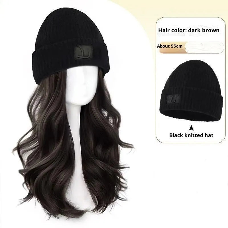 Hat wig women integrated big wave full-head style protein filament medium long hair brown black