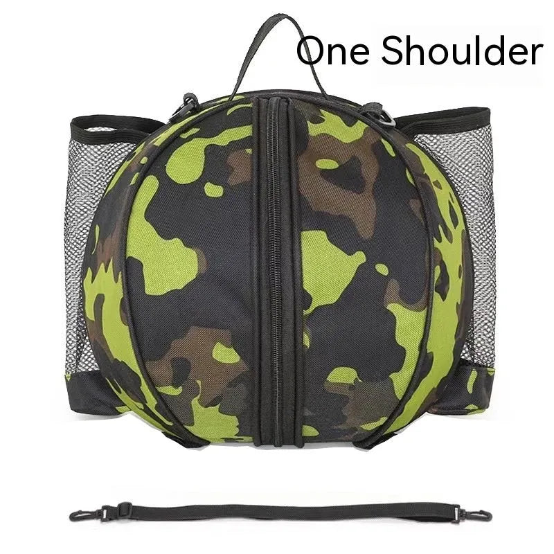 Black Oxford cloth basketball training bag with a single shoulder strap, shown next to a basketball.