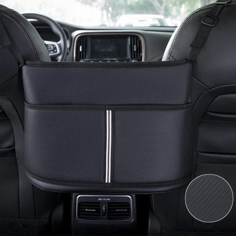 Black leather car seat storage bag with sports carbon fibre pattern measuring 38×24×15cm