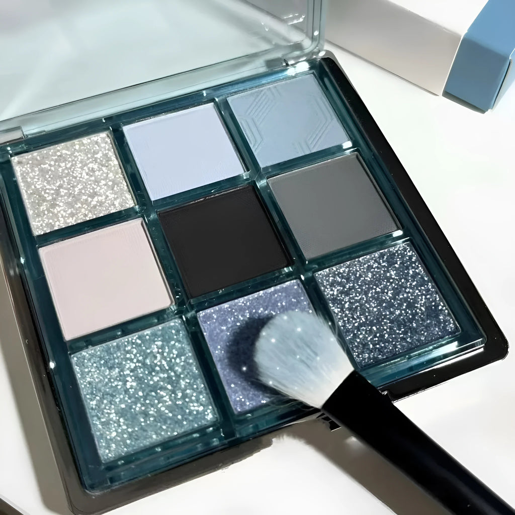 MUGELEEN nine-colour eye shadow palette 08 showing low saturation ice blue and smoked tone shades