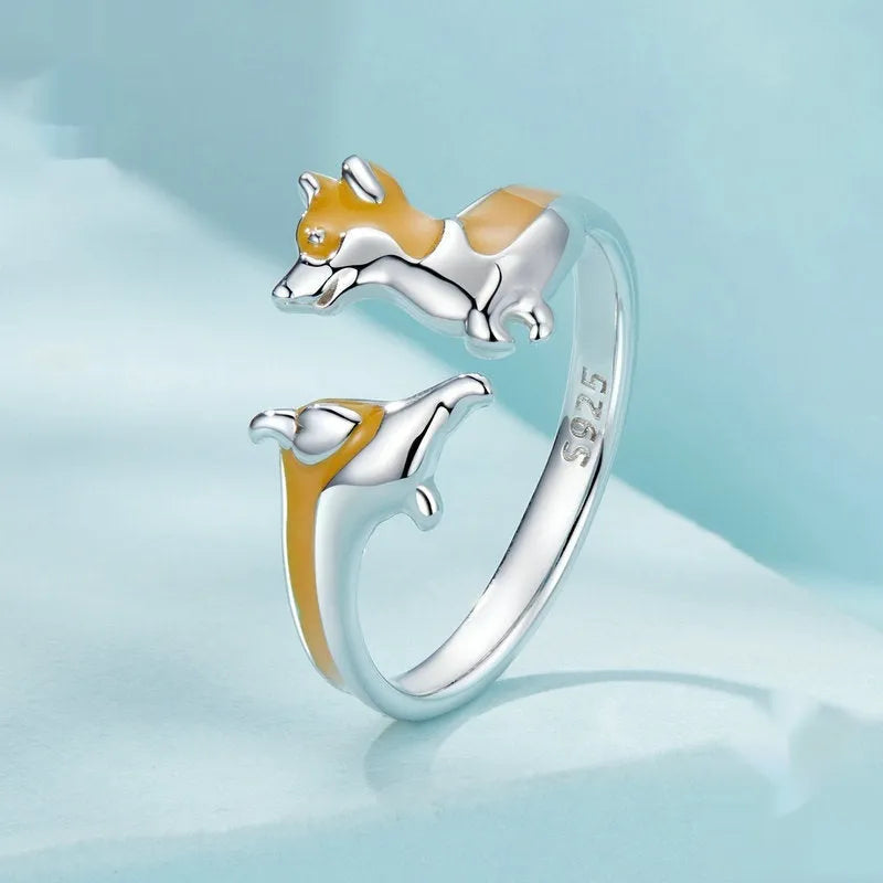Silver cartoon corgi dog ring for women with SCR1014-E electroplated colour finish
