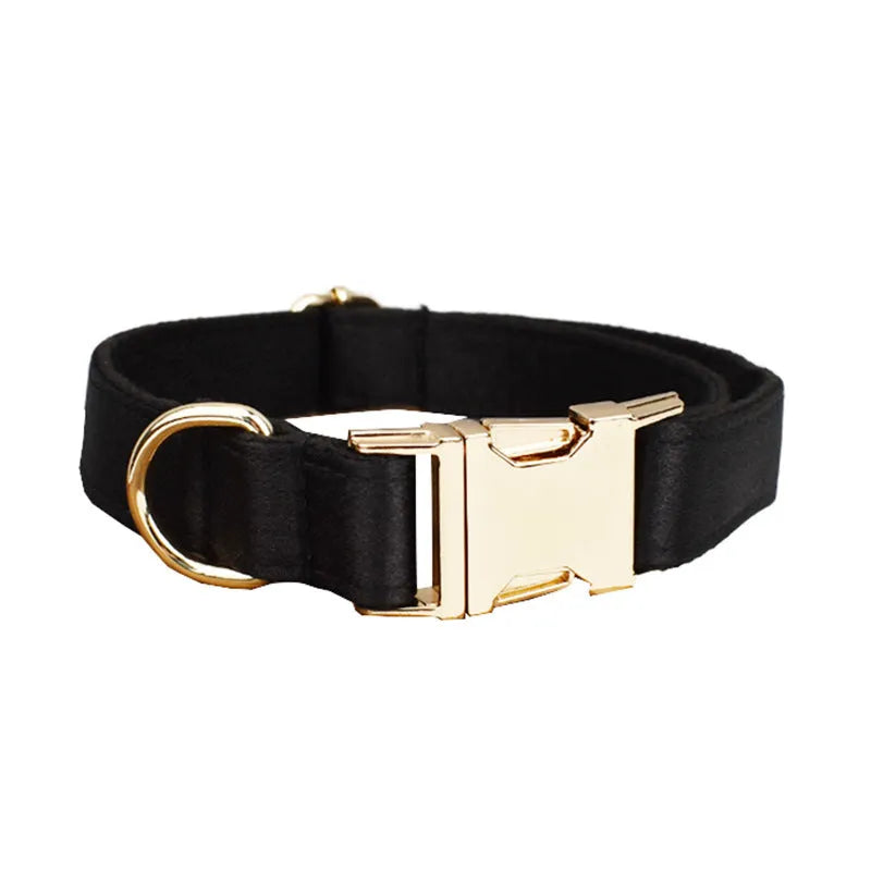 Cloth dog collar, leash, bow, and vest set shown in multiple sizes for pets.