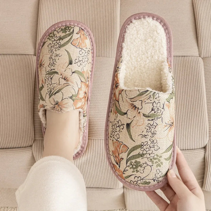 Household cotton slippers with linen surface in floral pattern colours and PVC sole
