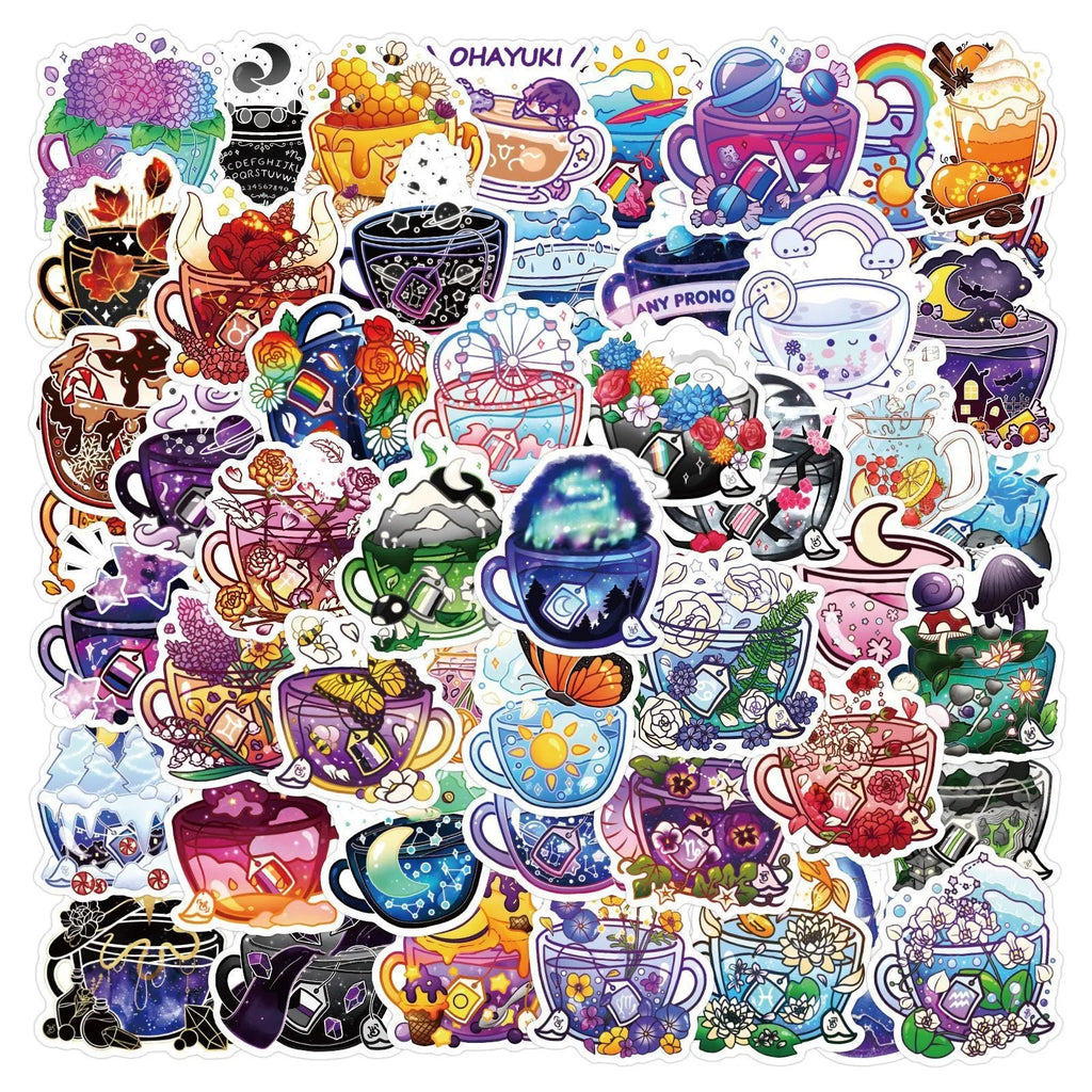 Set of 50 colourful tea cup graffiti waterproof stickers for scooter and luggage DIY decoration.