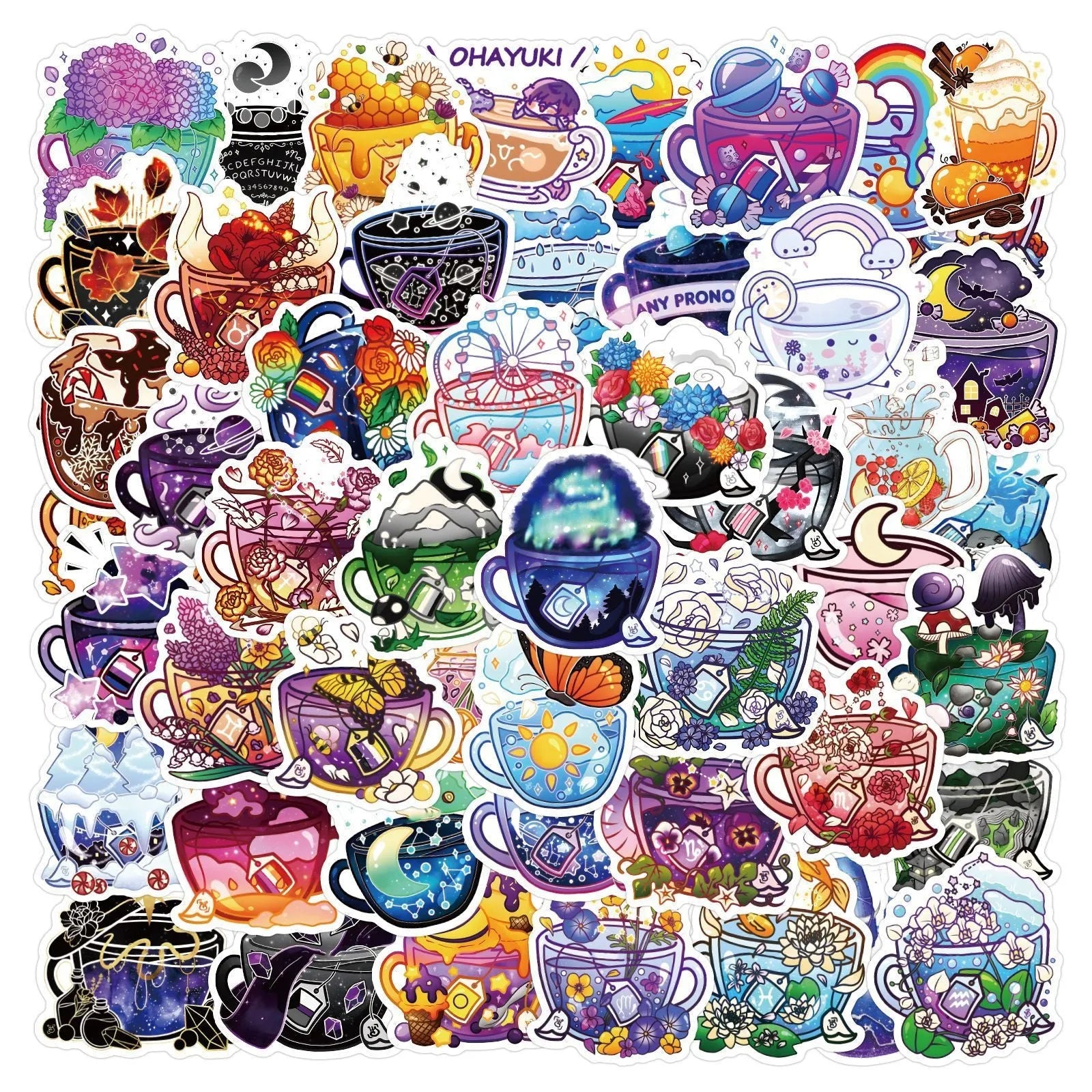 Set of 50 colourful tea cup graffiti waterproof stickers for scooter and luggage DIY decoration.