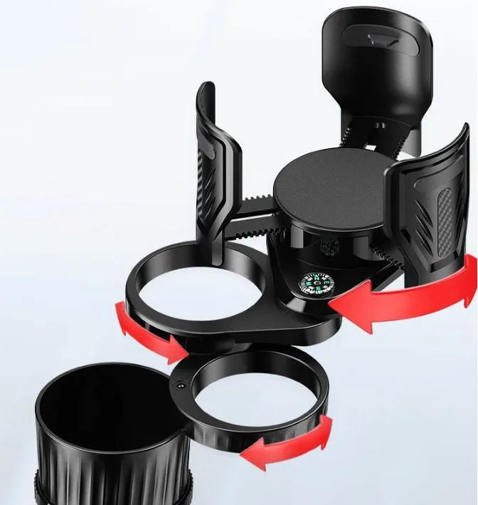 Black adjustable car cup holder with retractable base extended, showing carbon fibre pattern.