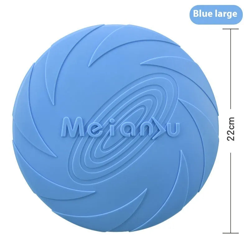 Soft rubber dog frisbee flying disc toy in red, shown in small, medium, and large sizes for outdoor fetch.