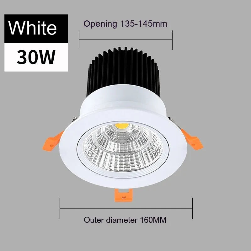Modern white aluminium recessed LED ceiling spotlight with anti-glare design for embedded installation.