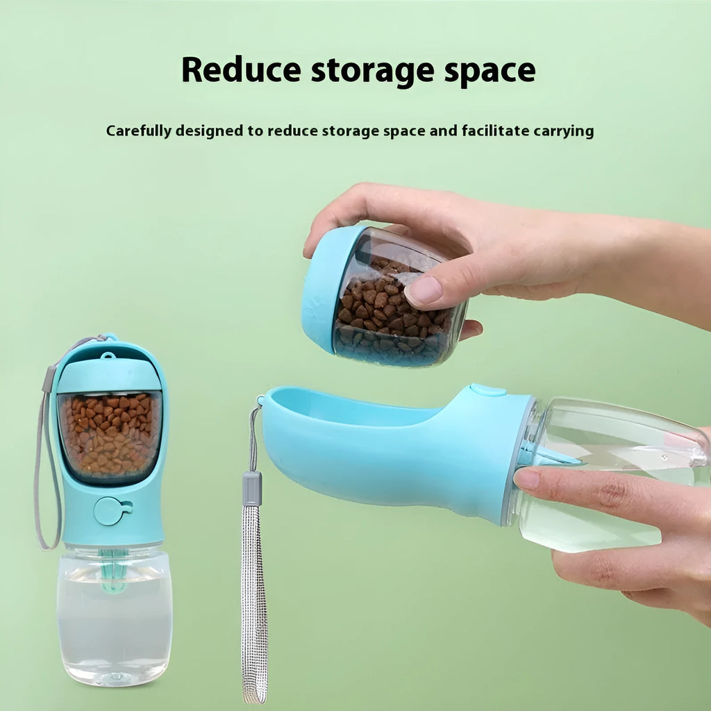Blue portable plastic dog drinking cup with integrated bowl, showing dual-use design for outings.