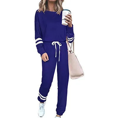 Women's plus size casual suit set with loose-fitting top and trousers in solid colour